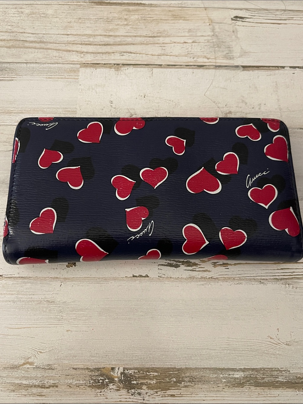 Gucci Betty Heart Print Zip Around Continental Wallet Navy Leather